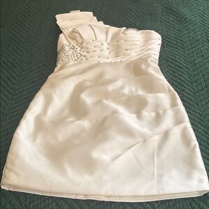 Chic White Satin Dress with Rhinestone Details